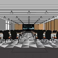 Modern Conference Room Interior With Seating Tables Large Screen Wooden Panels And Geometric Floor