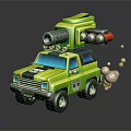 Green Toy Car Featuring Cannon And Equipment On Roof In Cartoon Design