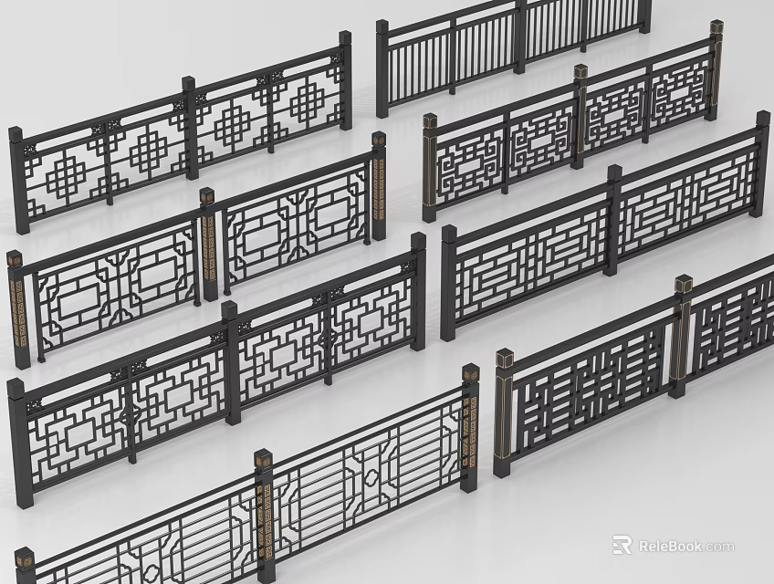 Traditional Carved Black Railings With Decorative Patterns For Home Decoration 3d model 