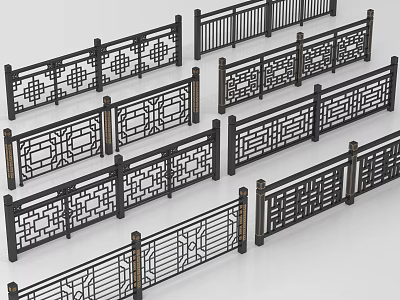Traditional Carved Black Railings With Decorative Patterns For Home Decoration 3d model