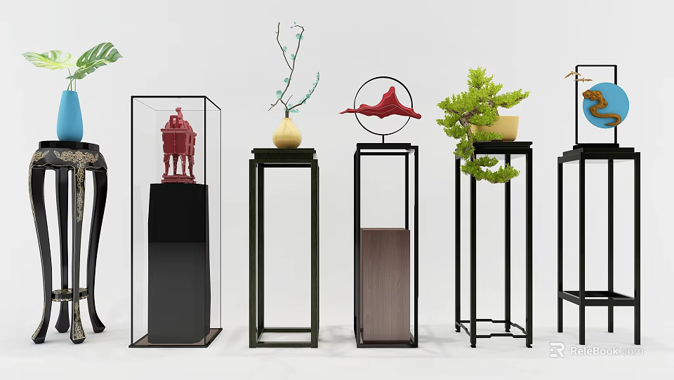 Modern Decorative Pedestals With Black Frames Wooden Accents Green Plants Red Ornaments And Glass Covers 3d model 