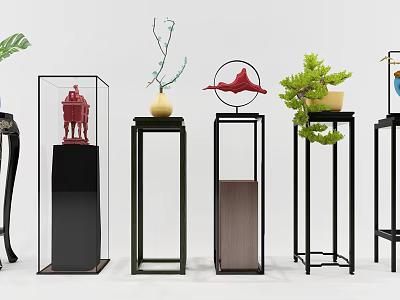 Modern Decorative Pedestals With Black Frames Wooden Accents Green Plants Red Ornaments And Glass Covers 3d model