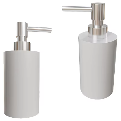 Two Modern White Bathroom Liquid Soap Dispensers With Metal Pumps 3d model