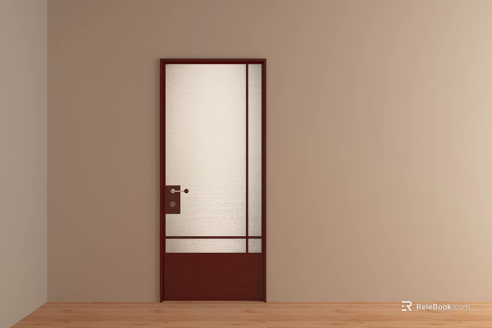 Brown Hinged Door With Frosted Glass Panel In Beige Wall Wooden Floor Interior 3d model 