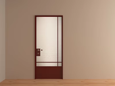 Brown Hinged Door With Frosted Glass Panel In Beige Wall Wooden Floor Interior 3d model