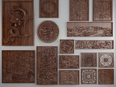 Intricate Decorative Wooden Carved Panels With Traditional Dragon Patterns And Artwork 3d model