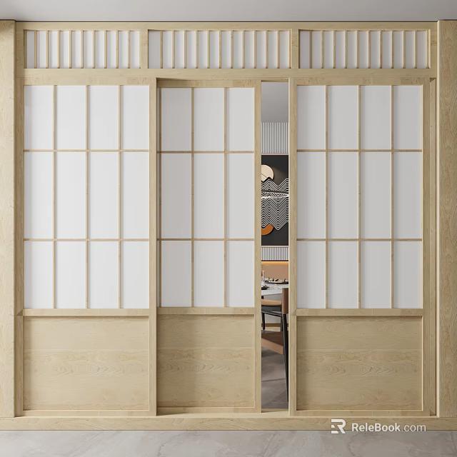Japanese Style Sliding Doors With Wooden Frame And White Lattice Glass Interior 3d model 