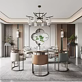 Elegant Modern Restaurant Interior With Round Dining Table Chandelier And Upholstered Chairs