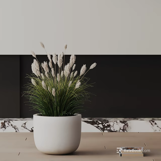 Bonsai Potted Plant With White Pot Green Grass And White Spike Flowers On Marble Countertop 3d model 