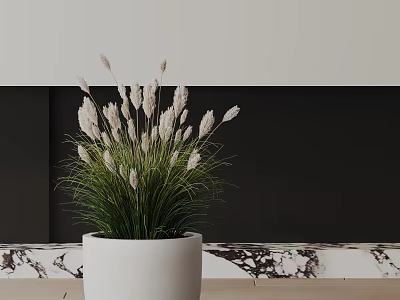 Bonsai Potted Plant With White Pot Green Grass And White Spike Flowers On Marble Countertop 3d model