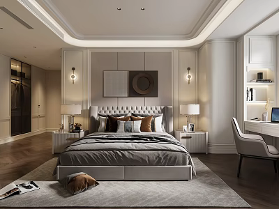 Elegant Modern Bedroom Interior With Tufted Headboard Bed Nightstands Table Lamps And Area Rug 3d model