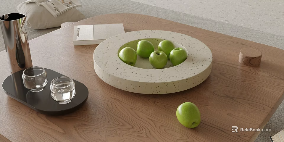 Ceramic Fruit Dish with Green Apples on Wooden Tabletop in Modern Home Interior 3d model 
