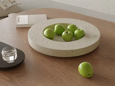 Ceramic Fruit Dish with Green Apples on Wooden Tabletop in Modern Home Interior 3d model