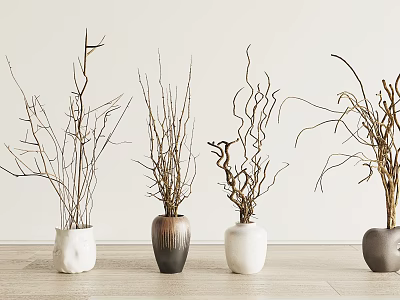 Four Vases With Dried Branches In White Brown Gray On Light Wooden Table Home Decor 3d model