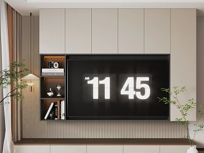 Modern TV Background Wall Design With Built In Cabinets Digital Time Display And Plants 3d model