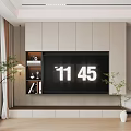 Modern TV Background Wall Design With Built In Cabinets Digital Time Display And Plants