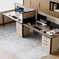 Dual Office Desks With Wooden Cubicle Partitions Computer Monitors Drawer Cabinets On Gray Rug