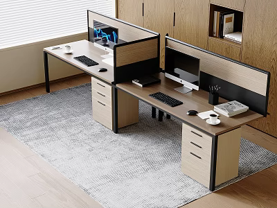 Dual Office Desks With Wooden Cubicle Partitions Computer Monitors Drawer Cabinets On Gray Rug 3d model