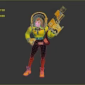 Game Character With Red Hair Yellow Jacket Holding Orange Weapon And Colorful Sneakers
