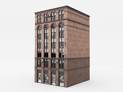 Historic Brick Building With Multi Story Arched Windows And Ground Floor Storefronts 3d model