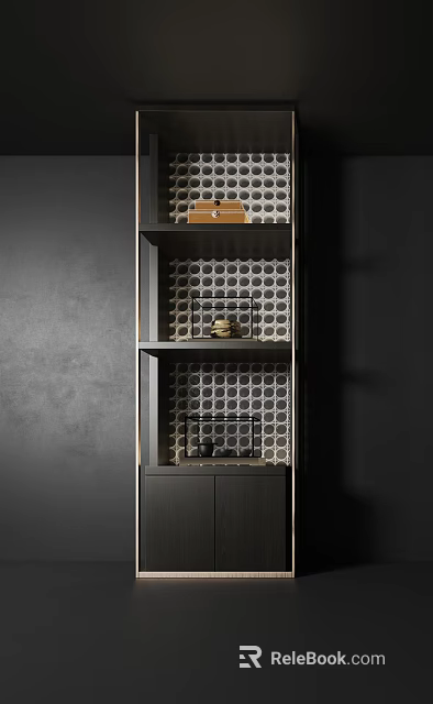 Modern Decorative Cabinet With Gold Frame Polka Dot Pattern Backdrop And Ornamental Displays 3d model 