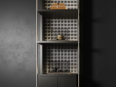 Modern Decorative Cabinet With Gold Frame Polka Dot Pattern Backdrop And Ornamental Displays 3d model