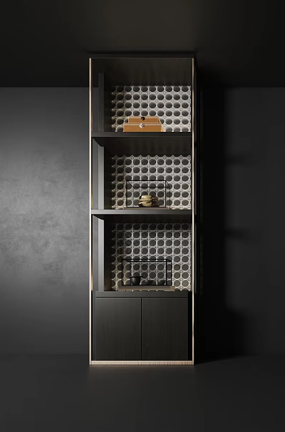 Modern Decorative Cabinet With Gold Frame Polka Dot Pattern Backdrop And Ornamental Displays 3d model
