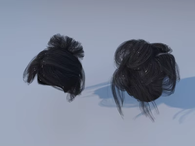 Woman With Shiny Black Hair Buns Hairstyle On Light Blue Background 3d model