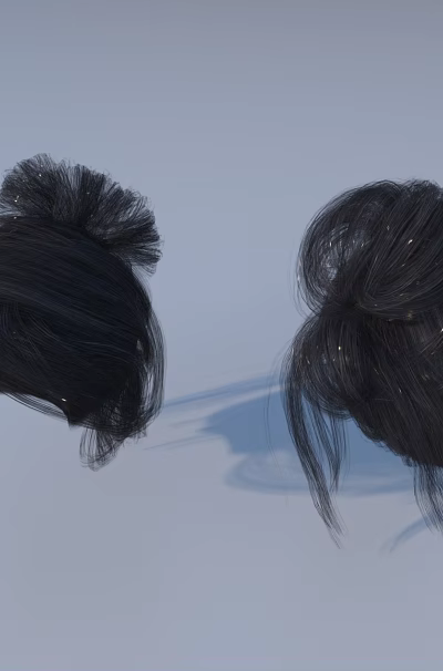 Woman With Shiny Black Hair Buns Hairstyle On Light Blue Background 3d model Woman With Shiny Black Hair Buns Hairstyle On Light Blue Background 3d model