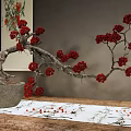 Bonsai Tree With Red Berries in Stone Pot on Wooden Table