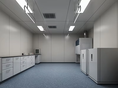 Modern Laboratory Interior With White Cabinets Countertops Equipment Ceiling Lighting Vents And Blue Flooring 3d model