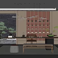 Serene Tea Room Interior With Wooden Shelf Hanging Lights Bonsai Tree And Stone Wall