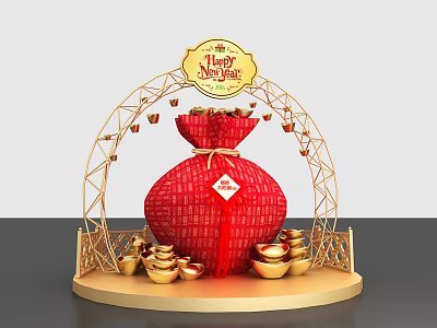 New Year Decorative Display With Red Bag Golden Arch Gold Ingots Happy New Year Sign 3d model