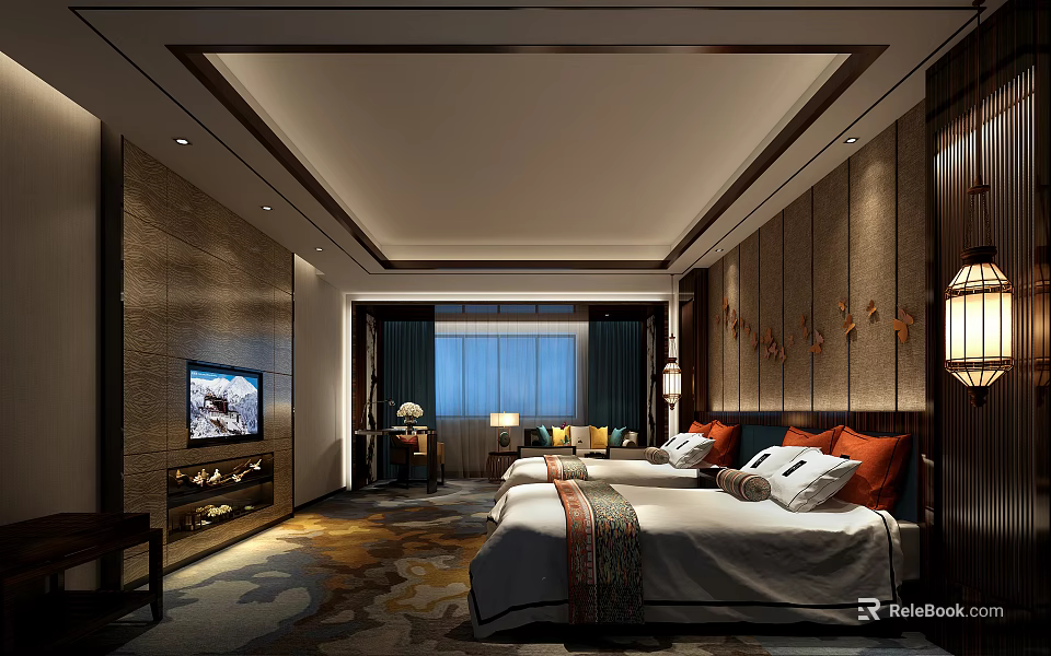 Luxurious Hotel Guest Room With Double Beds Comfortable Bedding Wooden Walls And Warm Lighting 3d model 