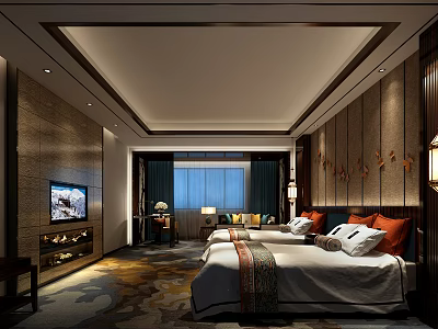 Luxurious Hotel Guest Room With Double Beds Comfortable Bedding Wooden Walls And Warm Lighting 3d model