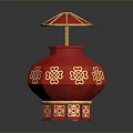 Red Chinese Lantern With Golden Decorative Patterns And Umbrella Shaped Top