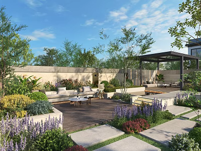 Serene Courtyard Garden With Lush Plants Purple Flowers Stone Pathways And Pergola 3d model
