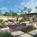 Serene Courtyard Garden With Lush Plants Purple Flowers Stone Pathways And Pergola