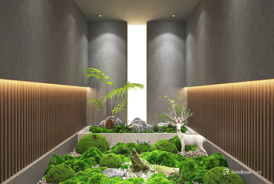 Indoor Landscape Interior With Gray Walls Wooden Slats Greenery Water Feature And White Deer Statue 3d model 