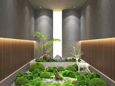 Indoor Landscape Interior With Gray Walls Wooden Slats Greenery Water Feature And White Deer Statue 3d model