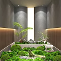 Indoor Landscape Interior With Gray Walls Wooden Slats Greenery Water Feature And White Deer Statue