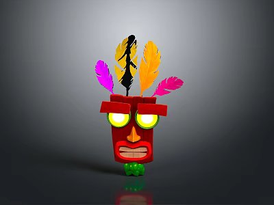 Decorative Red Mask With Yellow Purple Pink Feathers Yellow Glowing Eyes And Green Bottom Decoration 3d model