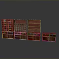 Red Wooden Cabinets With Various Styles Drawers And Open Shelves Arranged On Gray Reflective Surface