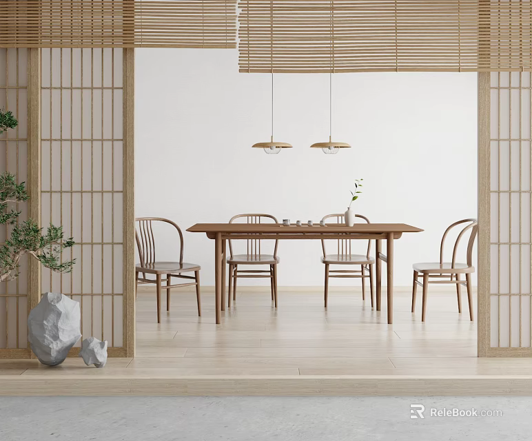 Japanese Interior Tea Table with Chairs Wooden Shoji Screens Bamboo Blinds Hanging Lights 3d model 