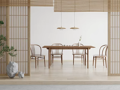 Japanese Interior Tea Table with Chairs Wooden Shoji Screens Bamboo Blinds Hanging Lights 3d model