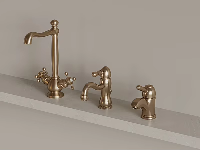 Golden Faucets In Three Different Styles On Light Colored Countertop 3d model