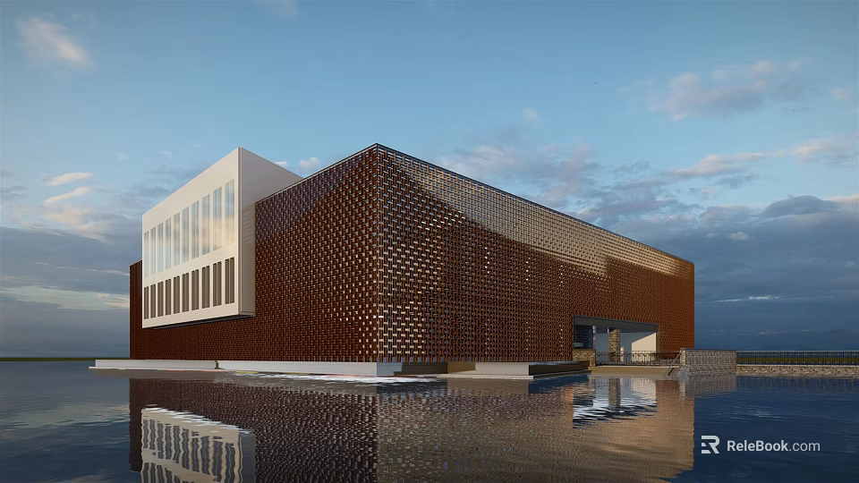 Modern Brown Museum Building With Perforated Facade Water Reflection And Blue Sky White Clouds 3d model 