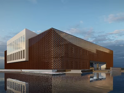 Modern Brown Museum Building With Perforated Facade Water Reflection And Blue Sky White Clouds 3d model