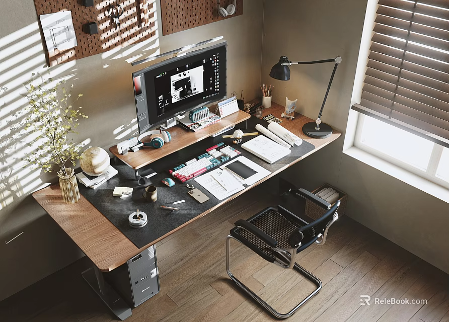 Modern Office Desk With Wooden Top Computer Monitor Desk Lamp Notebooks And Potted Plant 3d model 