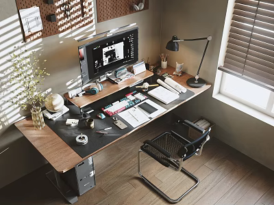 Modern Office Desk With Wooden Top Computer Monitor Desk Lamp Notebooks And Potted Plant 3d model